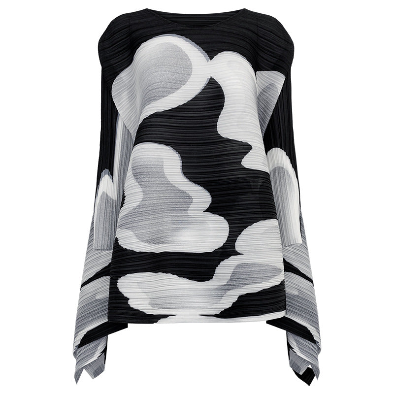 Irregular Black and White Set Loose round Neck Long Sleeve T-shirt Skirt Two-Piece Set for Women