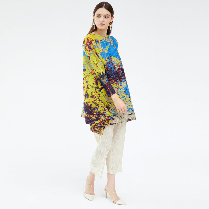 Irregular Contrast Color Long Sleeves Casual Niche Top Women's Starry Sky Printed T-shirt