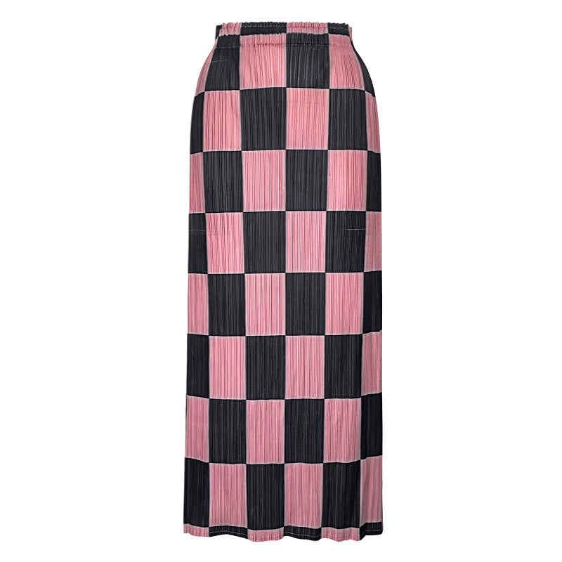 Elegant Pleated Skirt Chessboard Plaid A- line Sheath Skirt Women