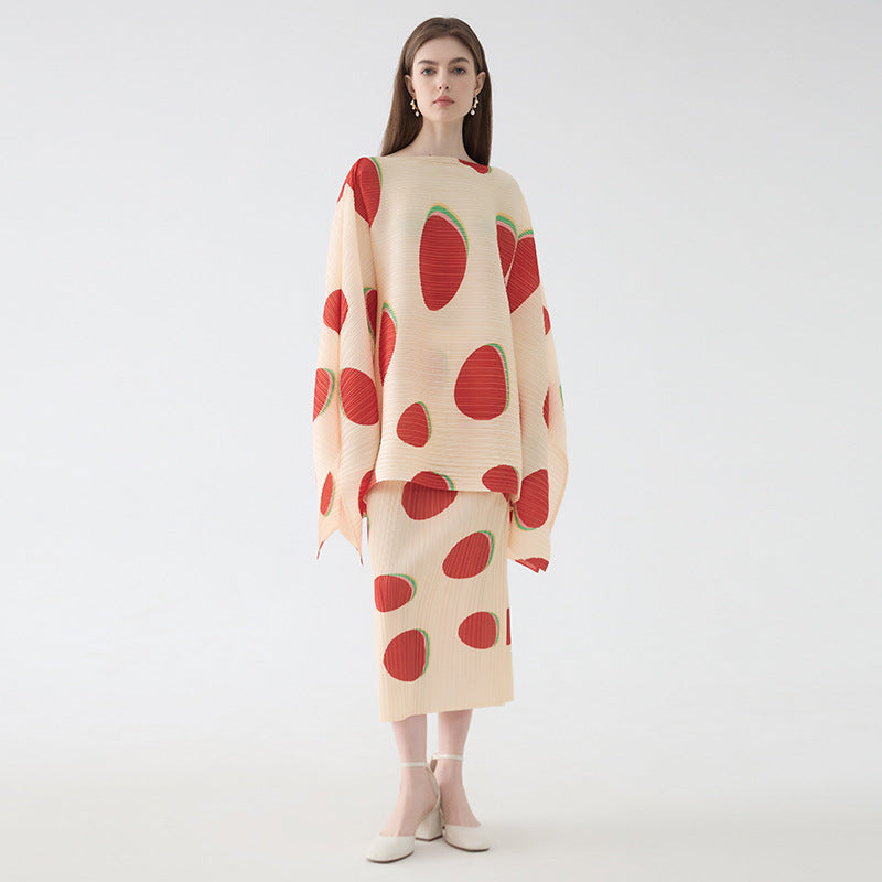 Batwing Sleeve Printed Top for Women Loose off Shoulder Outer Wear Long Sleeve Fu Dou Series Top for Women