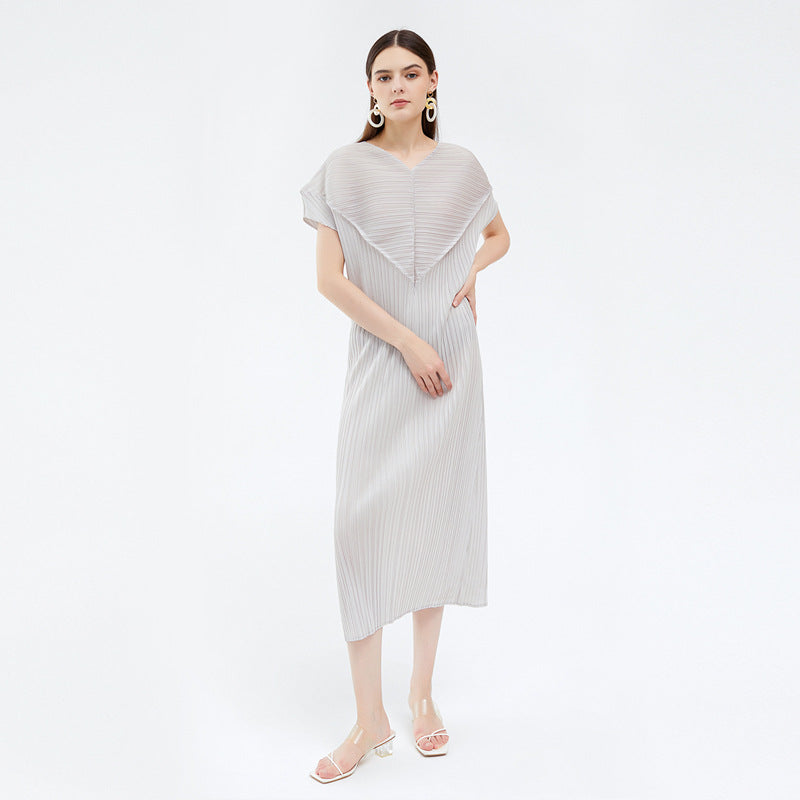 Short Sleeve Skirt Long Heart V-neck Slim Fit Dress Women Pure Color Slimming