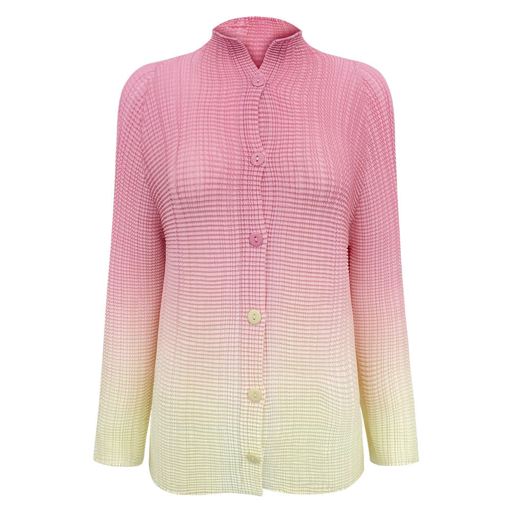 Gradient Pleated Chiffon Shirt Versatile Casual Small Open Collar Sweet Slimming Long Sleeve Printed Top for Women