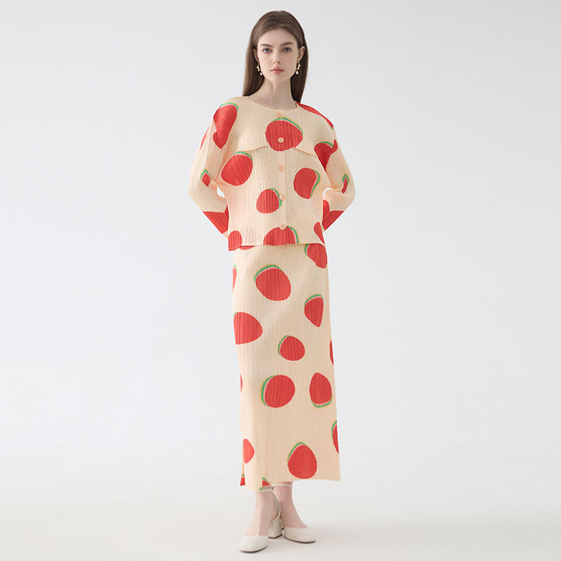 Comfortable Breathable Suit Fu Dou Printed Long-Sleeved Shirt Slim Fit Slit Skirt Two-Piece Set