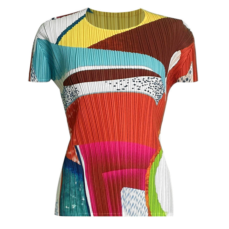 Casual Printing Suit Short-Sleeved Top Draped Pants Two-Piece Set for Women