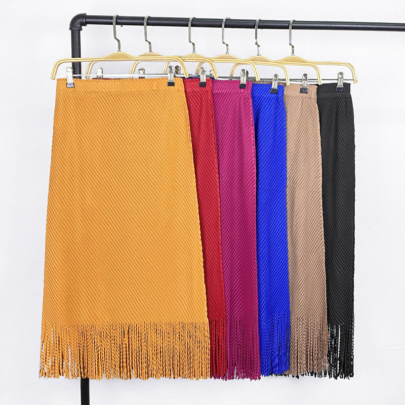 Scale Pleated Waist Pure Color All-Matching Tassel A- line Midi Skirt Women's Multicolor