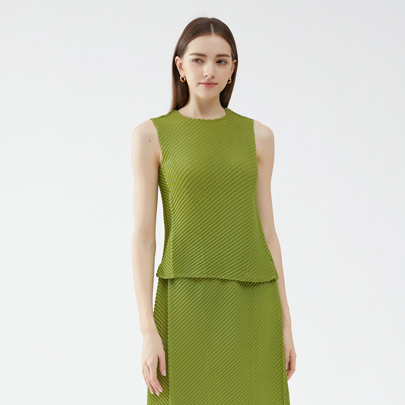 Casual Style Scale Pleated Solid Color Sleeveless Top and Skirt Casual Suit Women