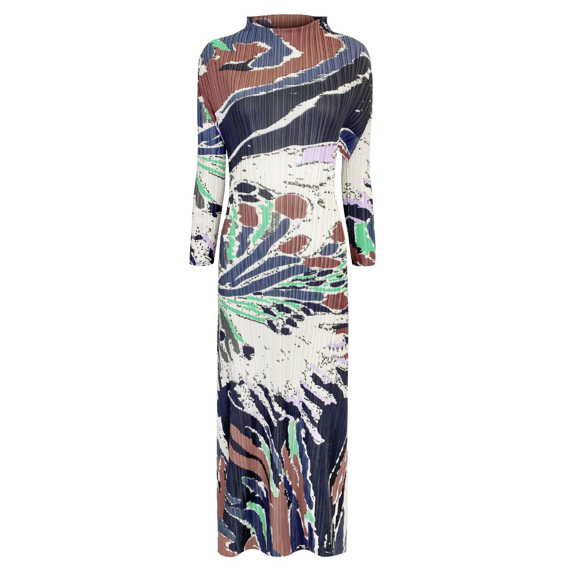 Autumn A- line Skirt Printed Half Collar Casual Pleated Long Sleeve Classic Style Dress Women