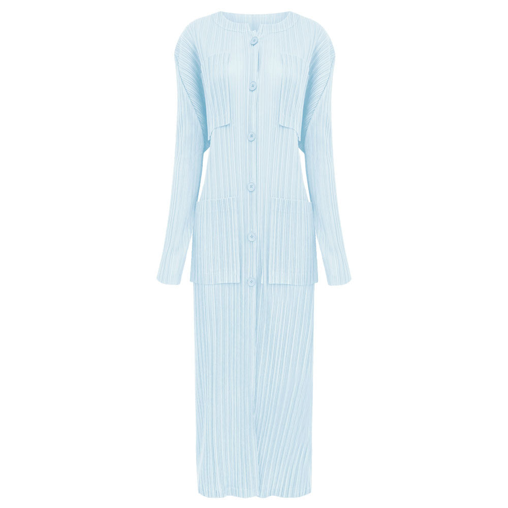 Pleated round Neck Long Sleeve Single-Breasted Slim Pocket Skirt Winter Women's Solid Color Dress