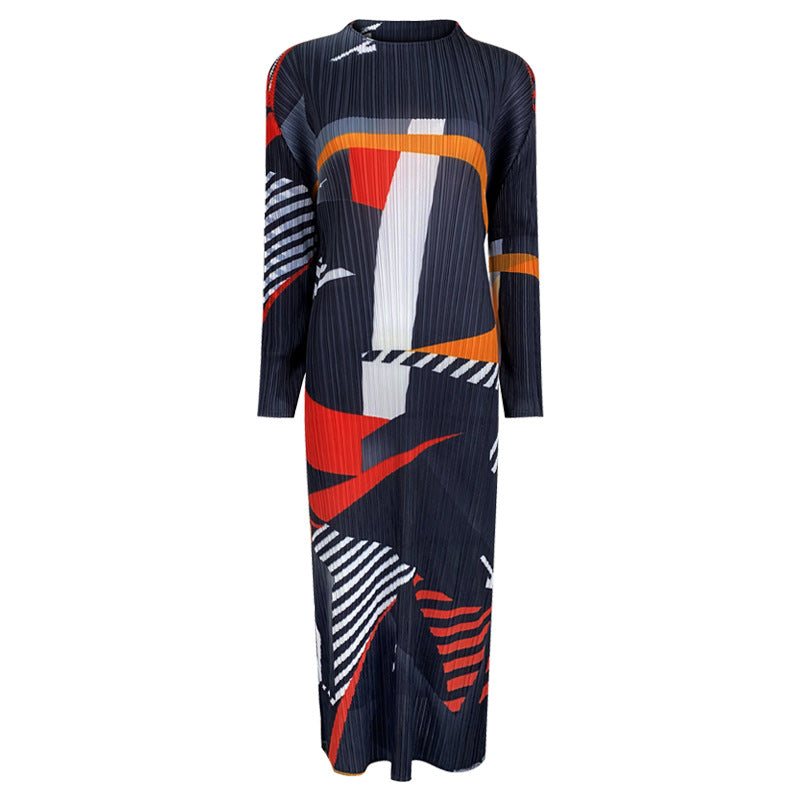 Pleated Slim Fit A- line Dress off-Neck Long Sleeve Personalized Printed Mid-Length Dress