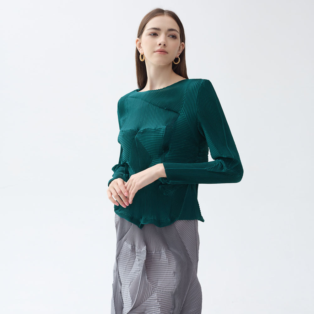 Folding Top round Neck Irregular Solid Color Long Sleeve Elegant Versatile Top Women