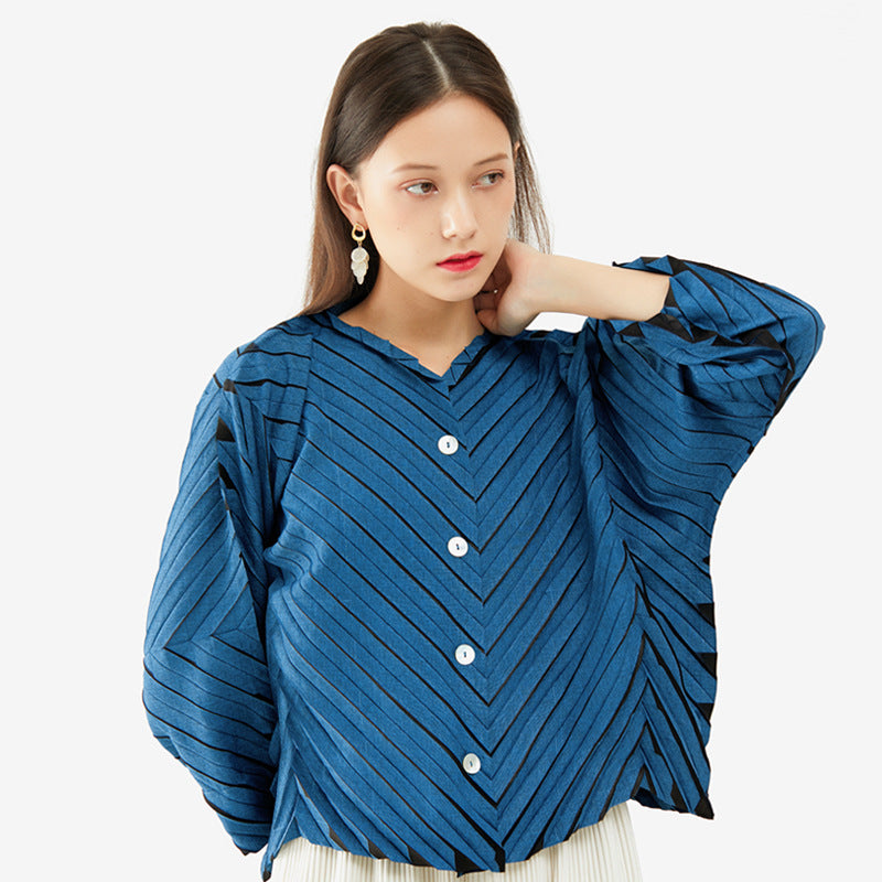 Elegant Versatile Top Unique Inkjet Striped Flared Long Sleeve Pleated Coat for Women