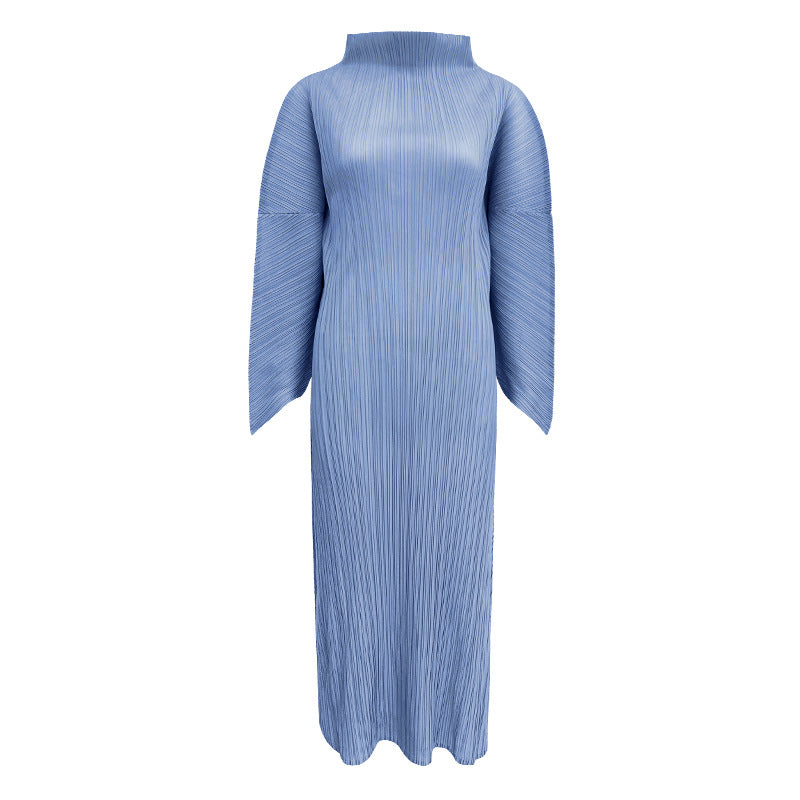 Graceful Collar Folding Sleeve Solid Color Dress Women's Mid-Length Simple Loose Pleated A- line Skirt