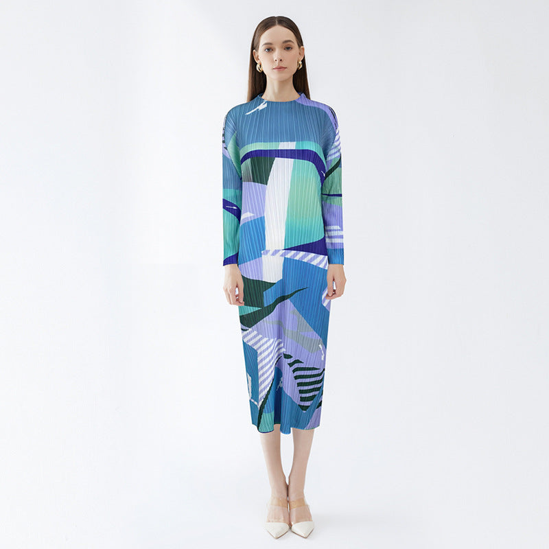 Pleated Slim Fit A- line Dress off-Neck Long Sleeve Personalized Printed Mid-Length Dress