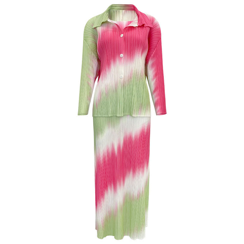 Gradient Slim Slimming round Neck Women's Two-Piece Dress Long-Sleeved Jacket A- line Skirt