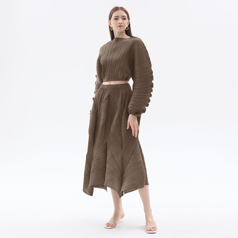 Pleated Suit Solid Color Design Long Sleeve Short Top Bubble Skirt Casual Two-Piece Suit