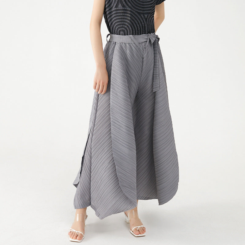 23 Autumn Retro Design Lace-up Stitching Pants Straight Casual Loose Trousers Wide-Leg Pants for Women