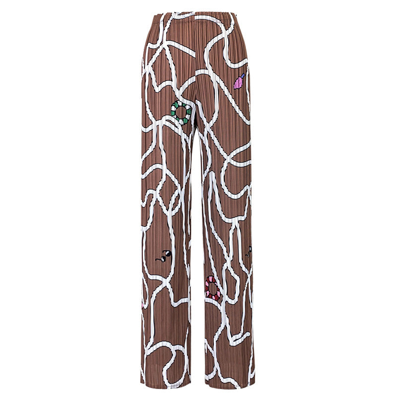 Pants Women's Straight-Leg Pants Long Women's Elegant Pleated Print Line Casual Style Trousers