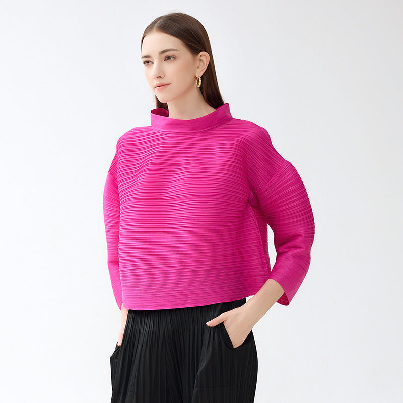 Long Sleeve Women's Design Blouse Solid Color Loose Lapel Pleated Casual Sleeve T-shirt Women