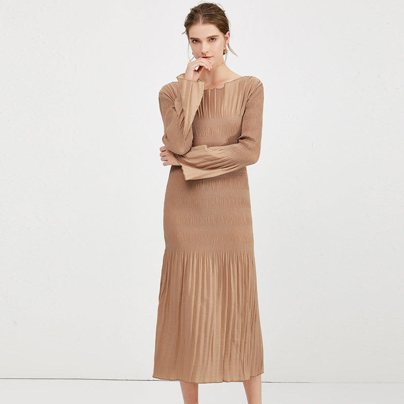 Season Bell Sleeve Dress Slim Fit Slimming Wide Collar Midi Dress