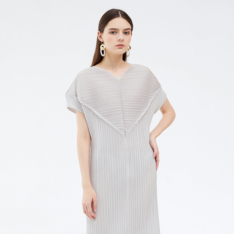 Short Sleeve Skirt Long Heart V-neck Slim Fit Dress Women Pure Color Slimming