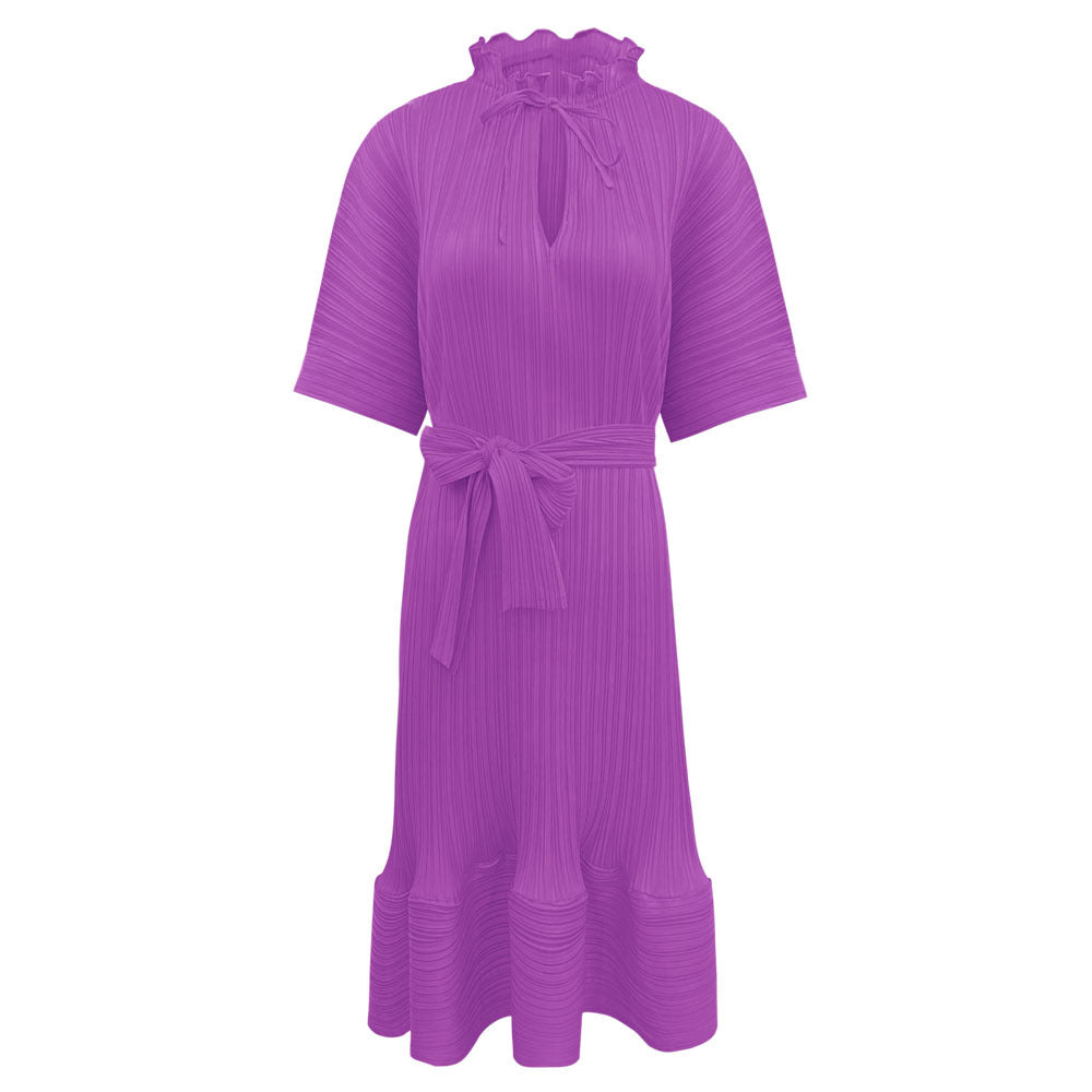 Pettiskirt Short Sleeve Lace-up Dress Women's Mid-Length Simple Loose Solid Color Dress