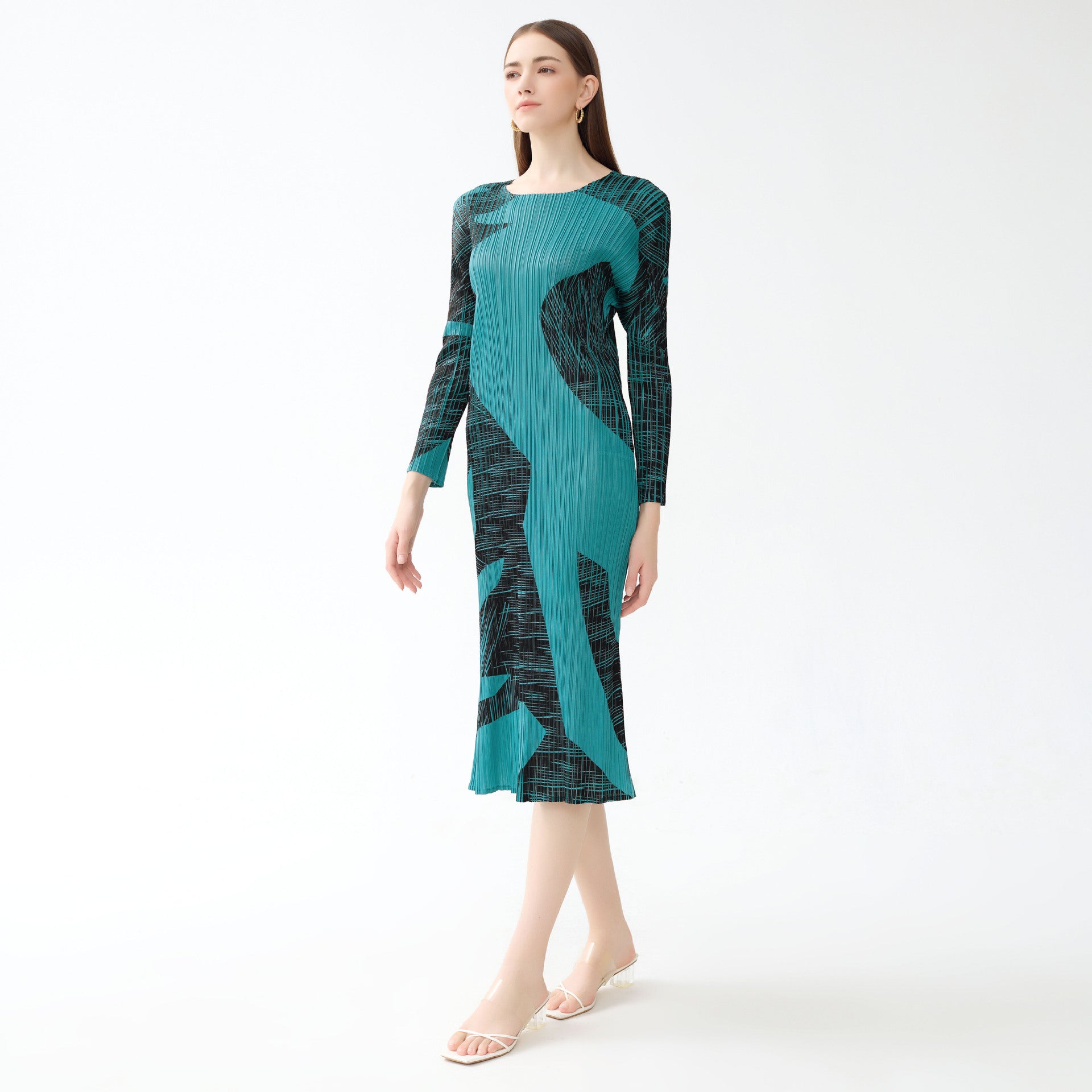 Gentle Printed Dress Women's round Neck Contrast Color Slim-Fit Long-Sleeved A- line Skirt