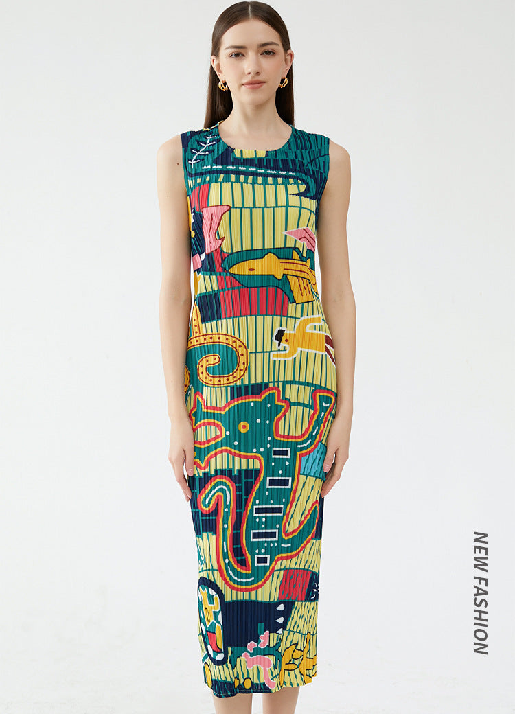 New Elegant Animal Waist Slimming Slim round Neck Dress Women