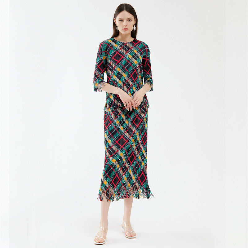 Casual Rhombus Suit Design Blouse Tassel A- line Skirt Women's Two-Piece Set