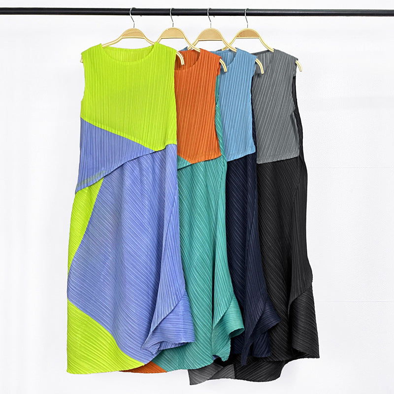 round Neck Sleeveless Dress Contrast Color Waist Stitching Loose and Irregular Long Dress for Women