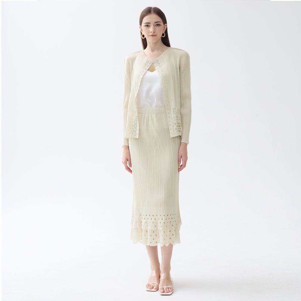 Casual Hollow-out Apricot Long Sleeve Cardigan Jacket Chanel's Style Skirt Women's Two-Piece Set