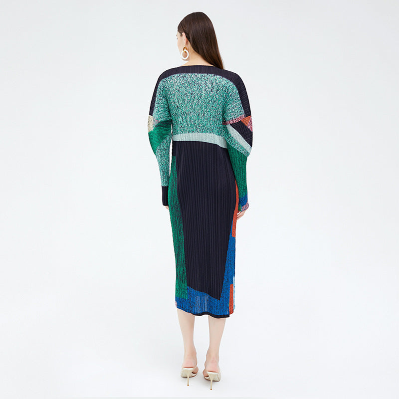 Printed Long Dress Niche Contrast Colors Slimming Long Sleeve Dress Women