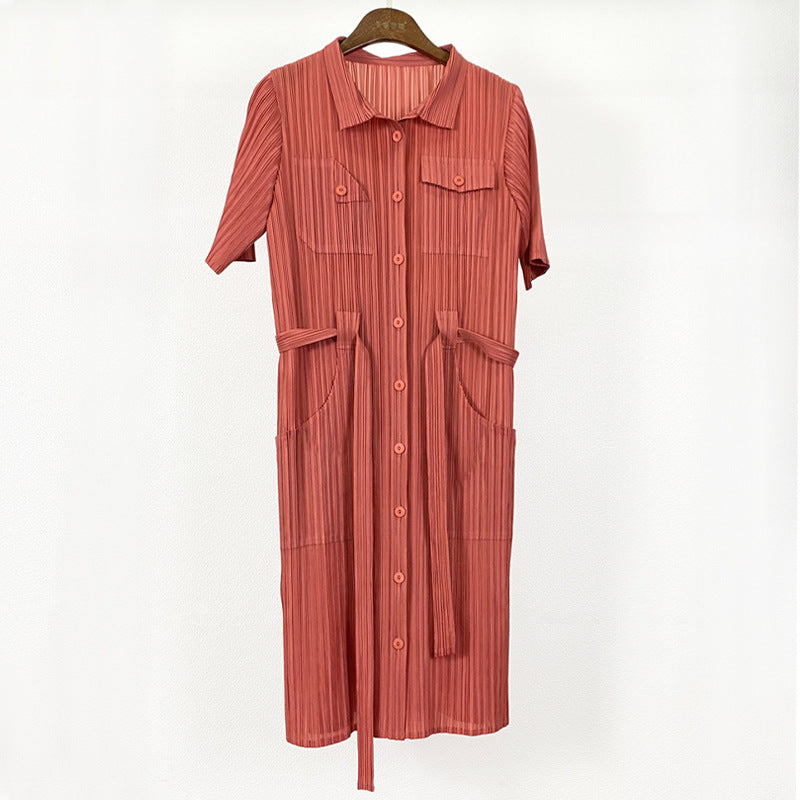 Plus Size Dress Slim Waist Solid Color Pleated Lapel Mid-Length