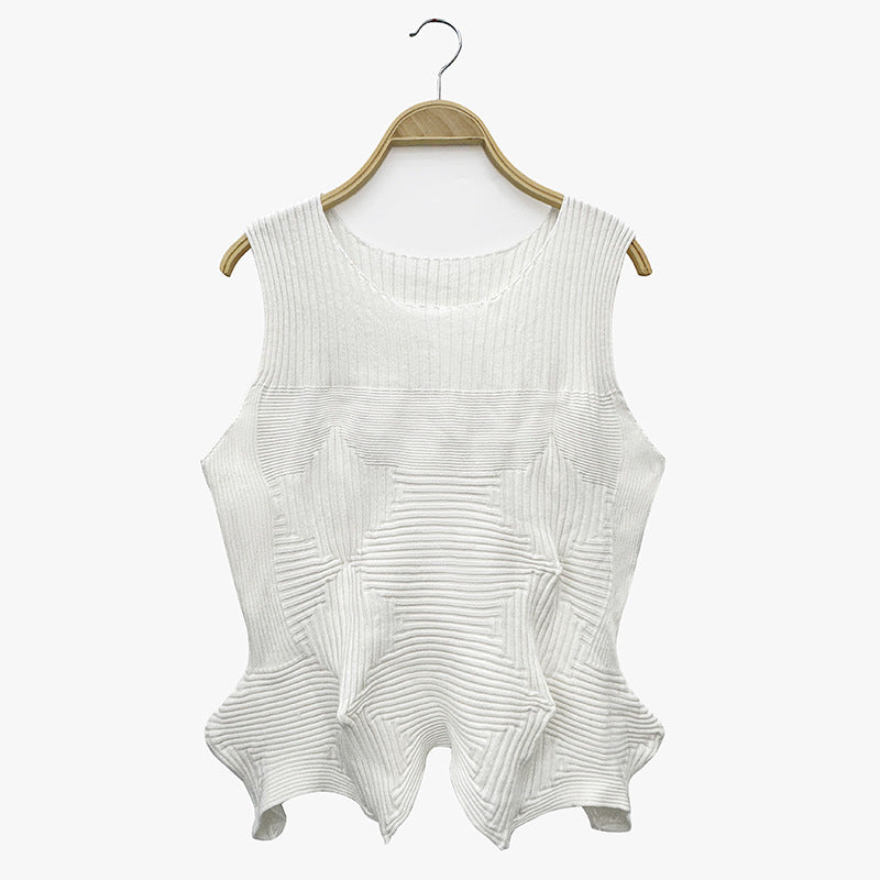 Heavy-Duty Crocheted Striped Sleeveless T-shirt for Women Summer Irregular Niche Knitwear Waist Short Top for Women