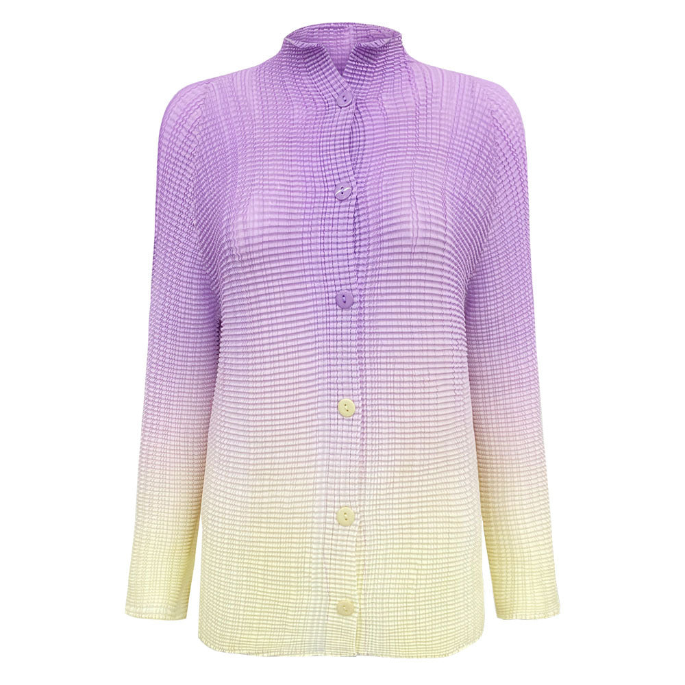 Gradient Pleated Chiffon Shirt Versatile Casual Small Open Collar Sweet Slimming Long Sleeve Printed Top for Women