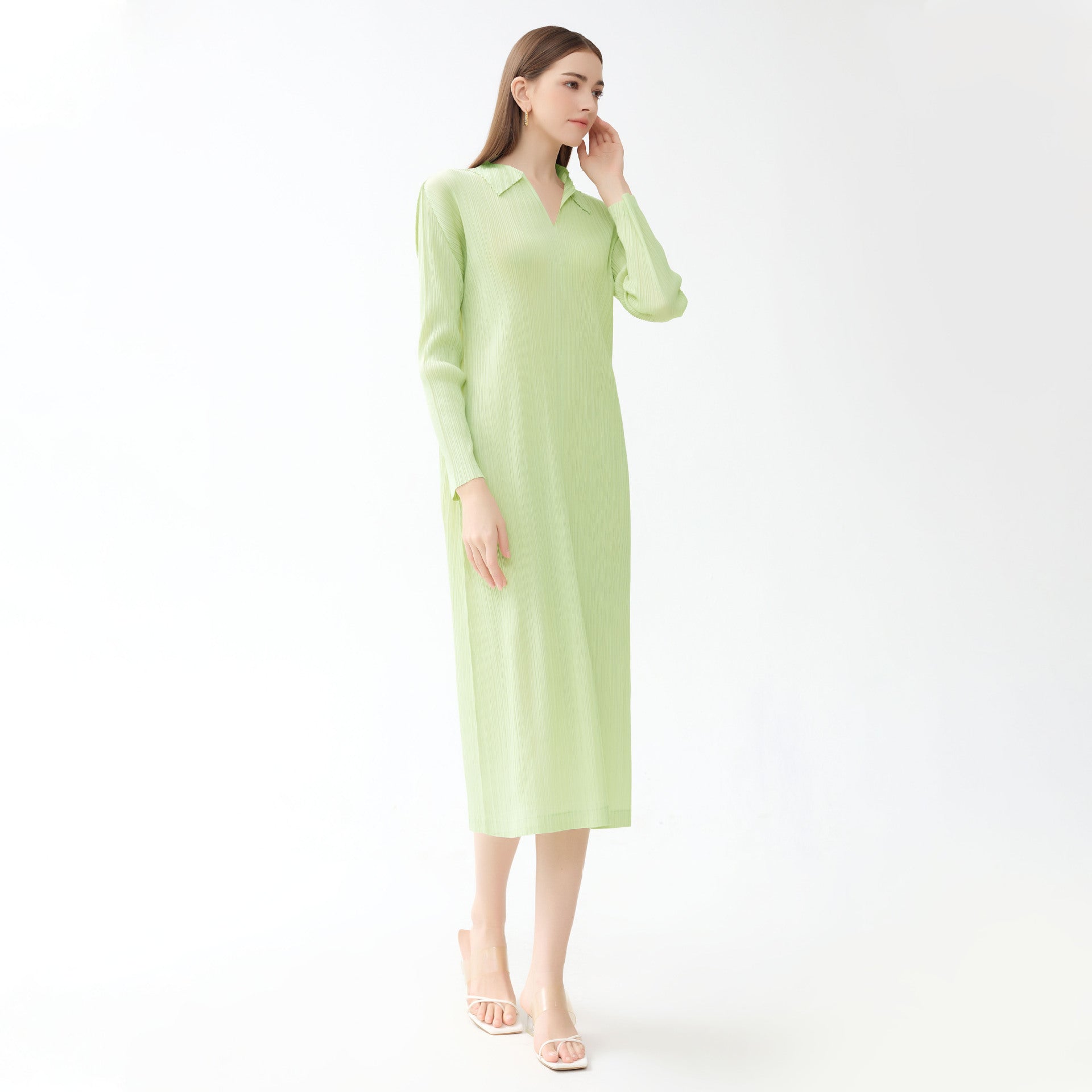 Dress Polo Collar Long Sleeve A- line Skirt for Women