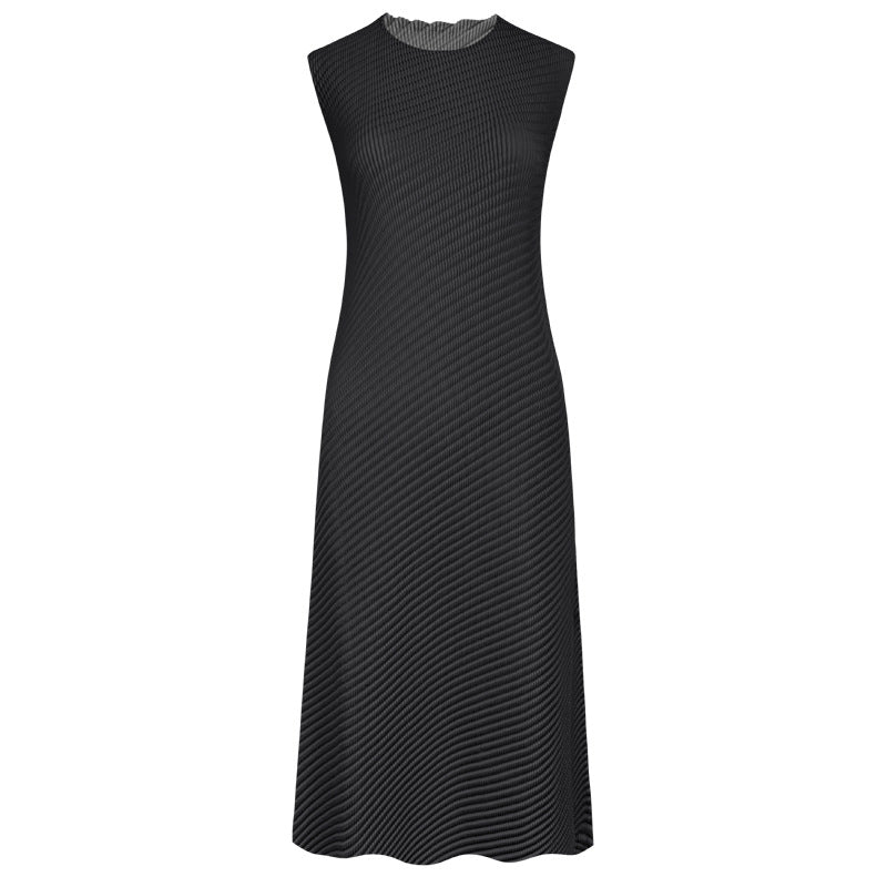 Casual Style Solid Color Asymmetric Skirt round Neck Slim Fit Scale Pleated Dress Women