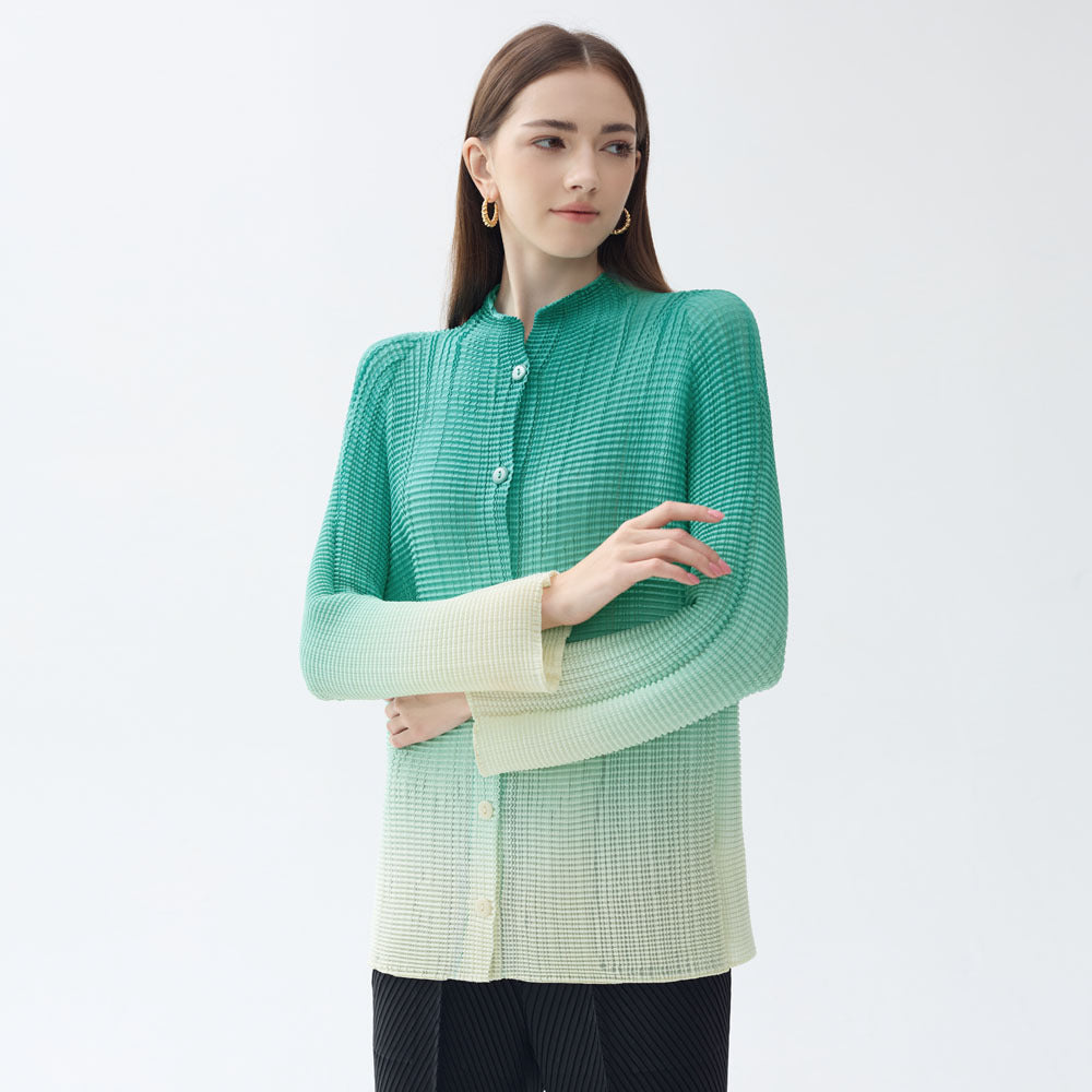 Gradient Pleated Chiffon Shirt Versatile Casual Small Open Collar Sweet Slimming Long Sleeve Printed Top for Women