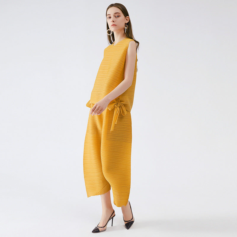 Pleated Suit Women's Loose Lace-up Top Wide-Leg Harem Pants Two-Piece Set Women's