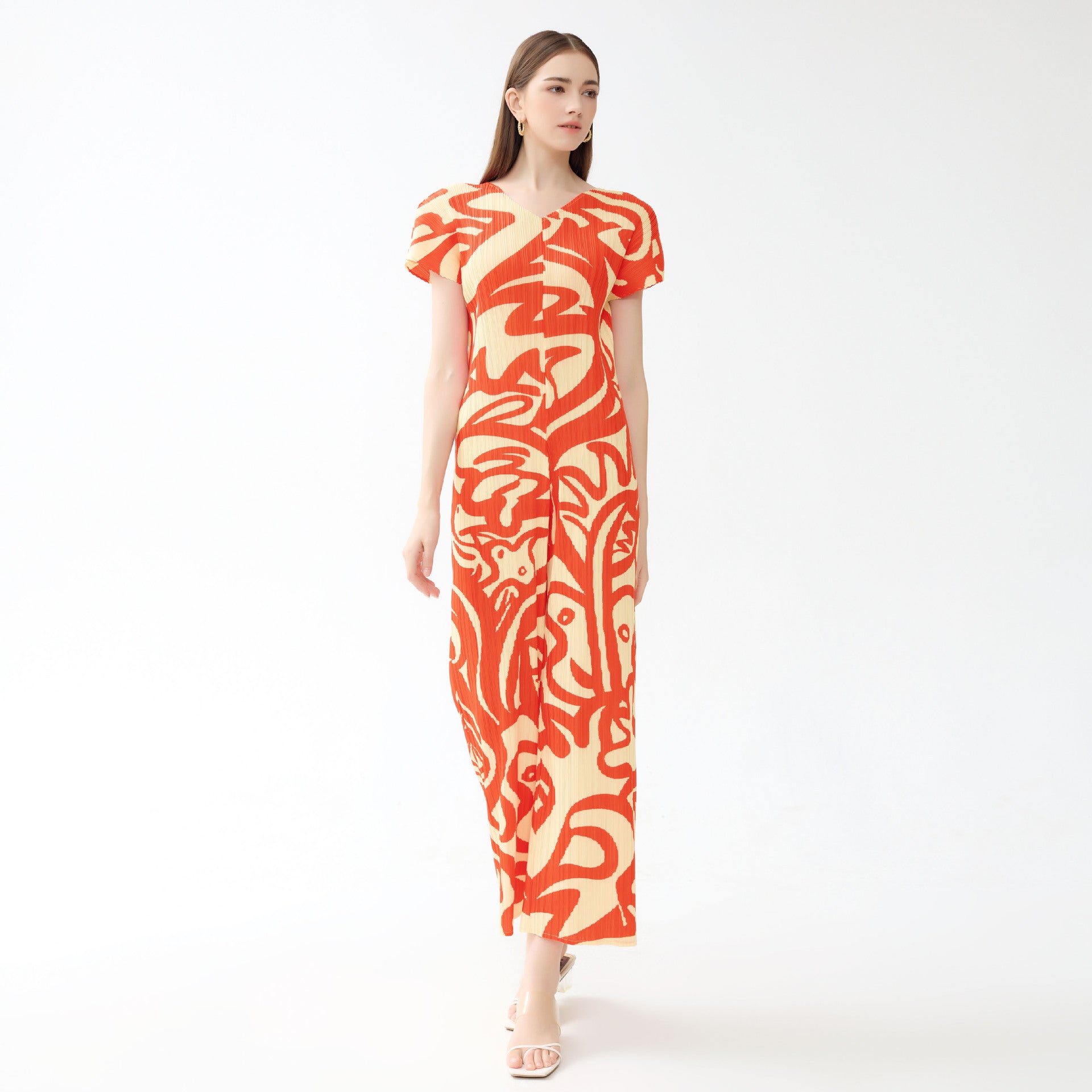 Painting Pleated V-neck Short Sleeve Slim Fit Casual Style Women's Jumpsuit