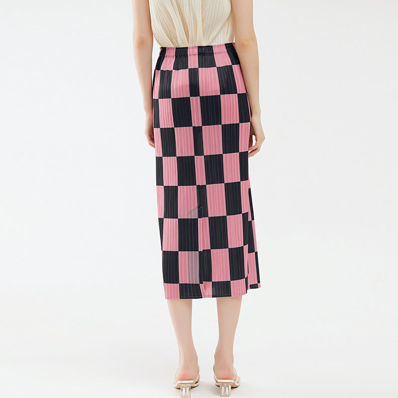 Elegant Pleated Skirt Chessboard Plaid A- line Sheath Skirt Women