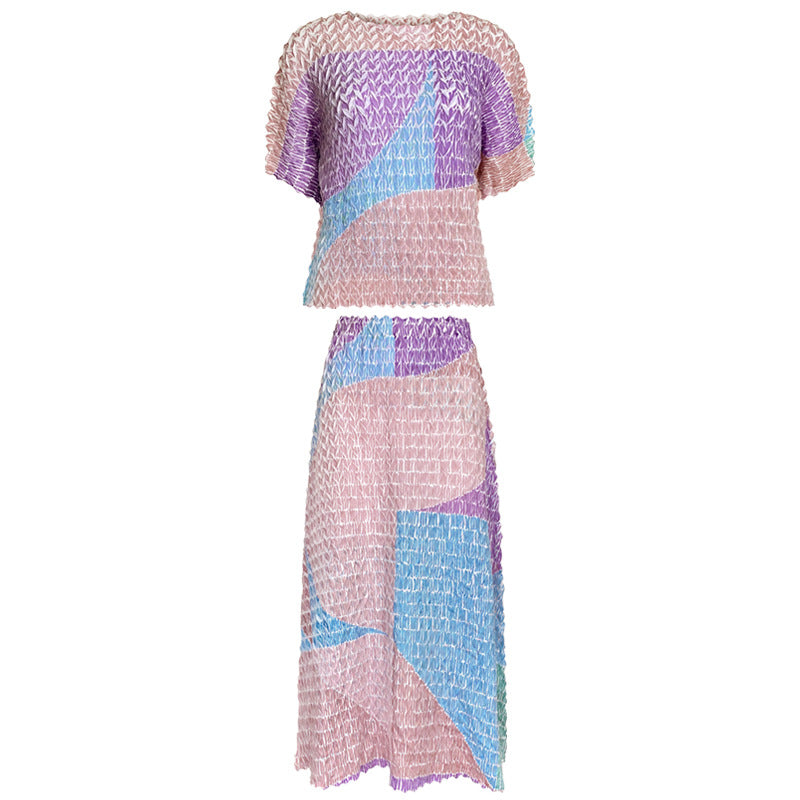 Contrast Color Top Suit Loose Casual Skirt Two-Piece Set for Women