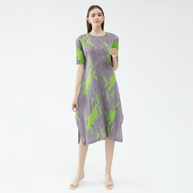 Geometric Printing and Dyeing Loose Casual Pleated Dress Mid-Length Split Temperament Dress