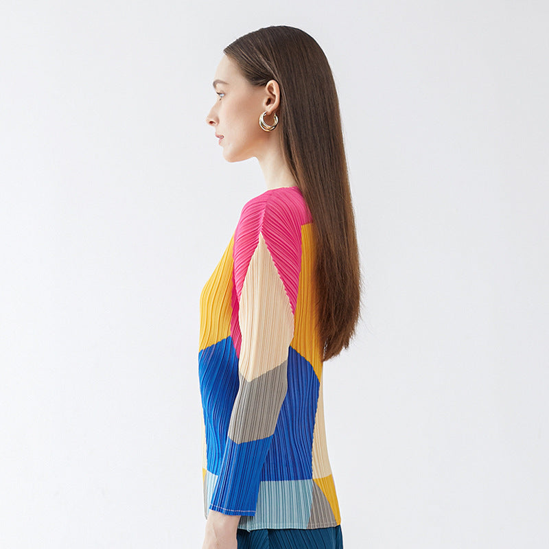 Color Block Basic Shirt Women's Autumn Design Sense round Neck, Slim-Fit, Long-Sleeved T-shirt Top Women