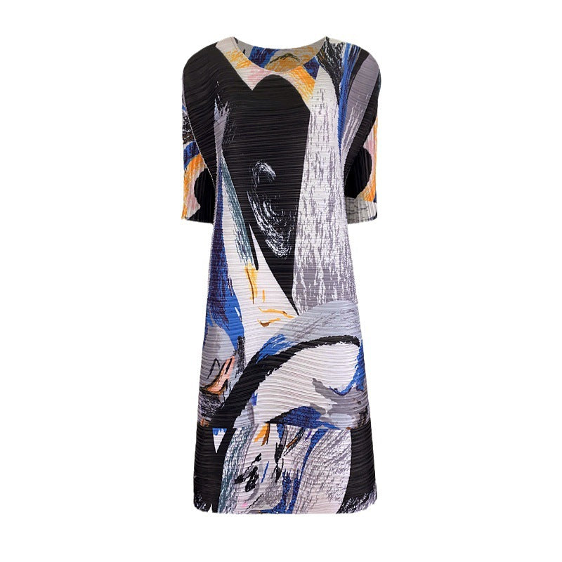 Printed round Neck Pleated Dress Light She Design Taste Half Sleeves Loose Large Swing Skirt