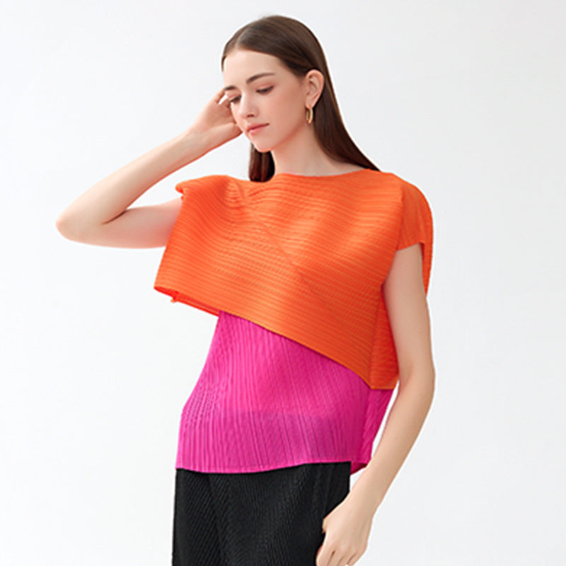 Classic Style Color Matching Irregular Versatile Top off-Neck Sleeveless Casual Cool T-shirt