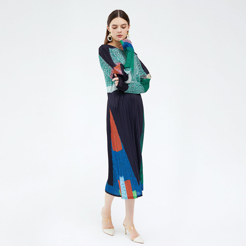 Printed Long Dress Niche Contrast Colors Slimming Long Sleeve Dress Women