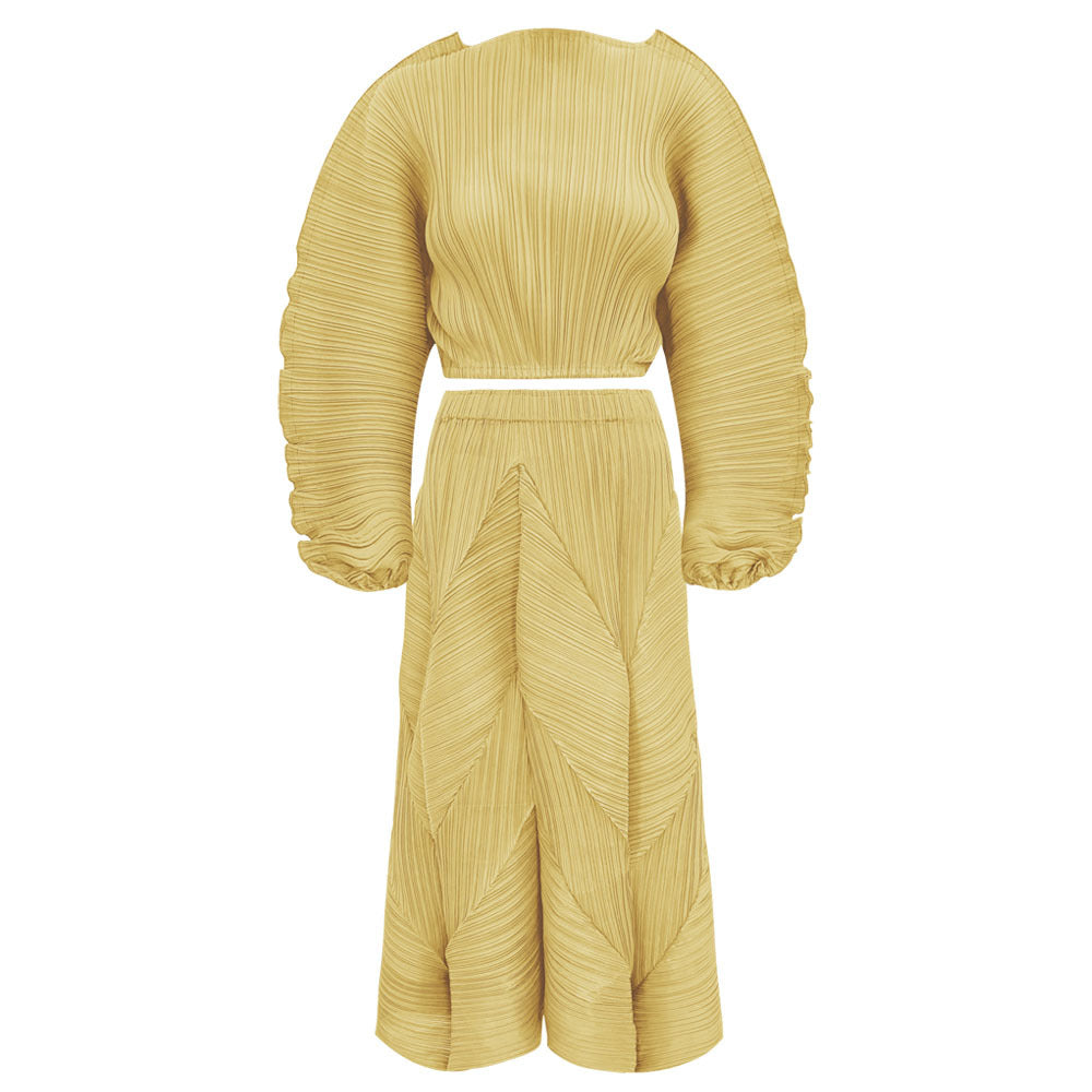 Pleated Suit Solid Color Design Long Sleeve Short Top Bubble Skirt Casual Two-Piece Suit