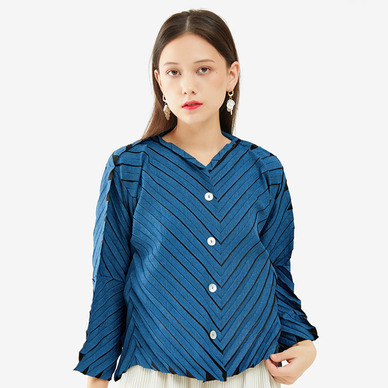 Elegant Versatile Top Unique Inkjet Striped Flared Long Sleeve Pleated Coat for Women