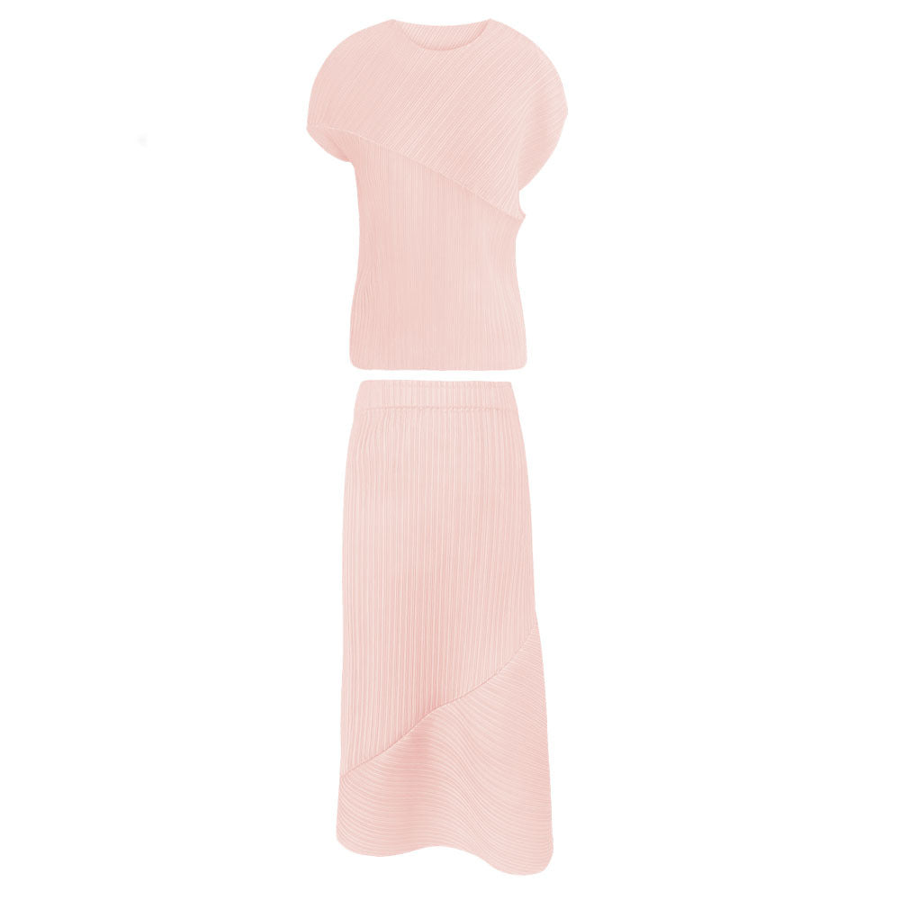 Folding round Neck Sleeve Top Casual Irregular Skirt Solid Color Two-Piece Set for Women