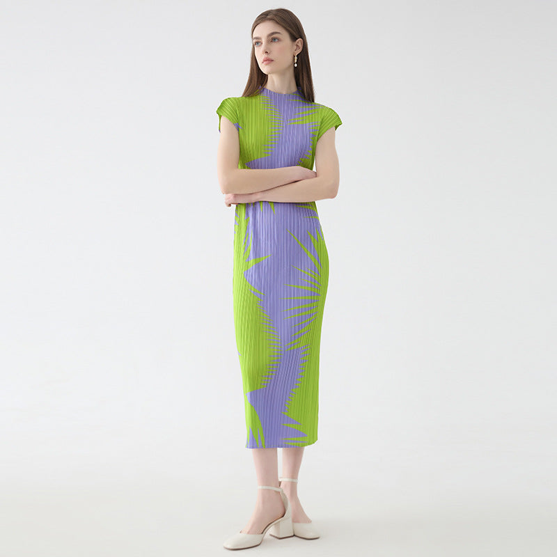 Printed Sleeveless Half Collar Dress Women's Mid-Length Simple Slim Fit Bottoming Skirt